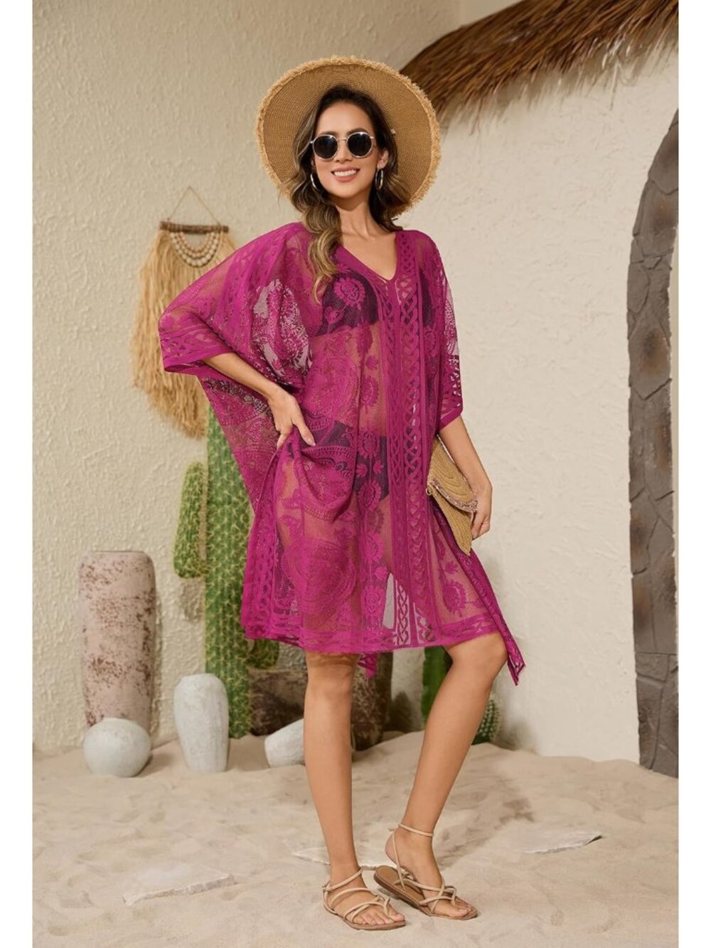 Women's Rose Red Cover Up Bathing Suit V-Neck & half kaftan sleeves - Picture 6 of 7